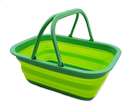 SAMMART 9,2 l Faltbare Wanne mit Griff – tragbarer Picknickkorb für den Außenbereich – Faltbare Einkaufstasche – platzsparender Aufbewahrungsbehälter (Dunkelgrün/Fluoreszenzgrün)