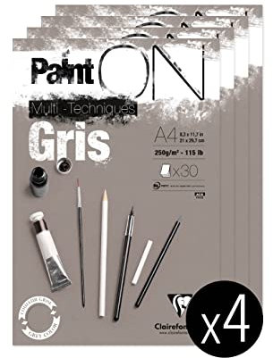 Clairefontaine 975809C - Packung mit 4 Blöcken Paint´ON Gris, DIN A4, kopfseitig geleimt, 30 Blatt, 250g, grau, 4 Stück