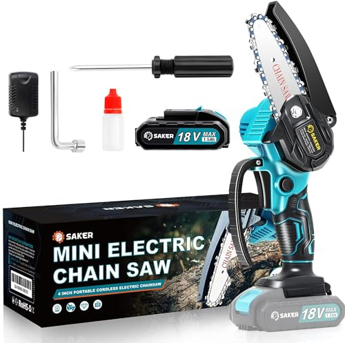 Saker Mini Kettensäge mit Akku 4 Zoll, kabellose kettensäge elektrisch mit 1 Kette und 1 Batterie, 10 cm mit Sicherheitstaste Einhand Kettensäge Akku, Handkettensäge zum Schneiden von Äste und Garten