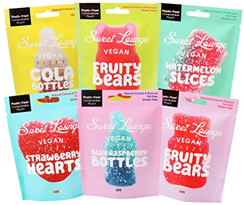 Vegan Gummy Sweets – Taster Bundle 6 x 65g by Sweet Lounge | Plant-Based, Gelatine-Free, Plastic-Free Packaging | Eco Fruity Mix