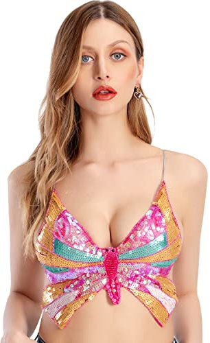 Kurzes Pailletten-Oberteil mit Schmetterlingen für Bauchtanz, sexy, ärmellos, mit Halterband, 5 (Rosa), 5 (Rosa), One Size