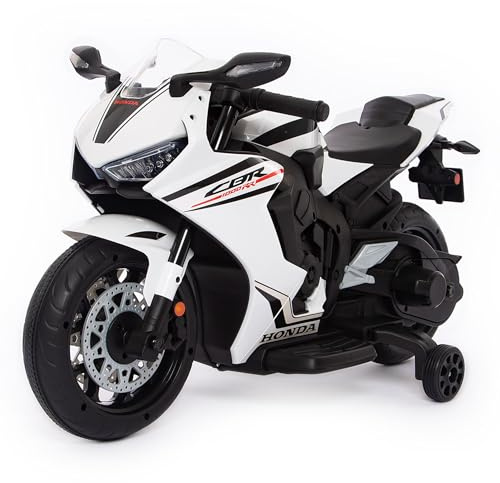 Moto Electrica Niños Honda CBR 12V | Minimoto Electrica de 3 a 5 Años con Luces, Sonidos, MP3/USB y Ruedas de Estabilidad | Batería 12V 3,5Ah, Motor 30W y Acelerador de Pedal | Blanca