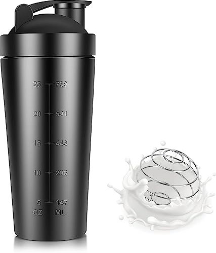 Proteinshaker aus Edelstahl mit Mischkugel, 750 ml, Proteinflasche mit Mischkugel aus Edelstahl und Filter, Shake Blender kugel Stahl Shaker