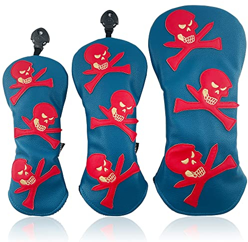 Yamato Golfschlägerhauben Set Skull & T's Emblem Golfschlägerabdeckungen für Fahrer, Fairway, Holz, Hybrid-Golfschläger, passend für alle Marken Golfschläger, 3 Stück