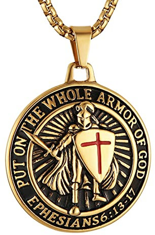 HZMAN Tempelritter Put On The Whole Armor of God Ephesians 6:13-17 Rotes Kreuz Design Edelstahl Halskette für Männer Schmuck Geschenk (Gold)