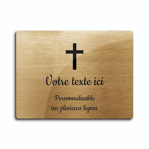 Graviertes Schild mit christlichem Kreuz, selbstklebend, rechteckig, 20 x 15 cm, personalisierbar, 1 bis 3 Zeilen, gebürstetes Gold