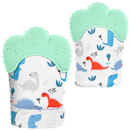 Vicloon Baby Beißhandschuhe,2 Stück Handschuhe Beißring Spielzeug,BPA Frei,Beruhigen Sie wundes Zahnfleisch, Stimulierung Zahnen Handschuhe für 0-6 Monate Baby-Grüner Dinosaurier