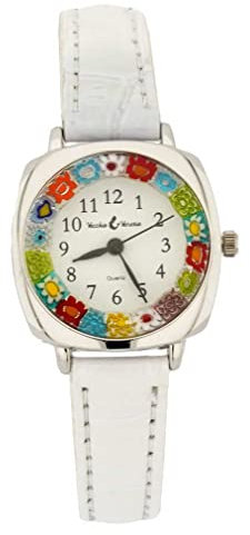 Glass Of Venice Murano Millefiori Quadratische Uhr mit Lederband - Weiß Mehrfarbig