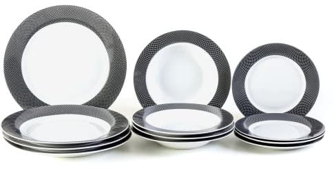 DEAGOURMET Saturne Set d'assiettes de table 12 pièces, assiette creuse, assiette plate et soucoupe pour fruits/desserts en porcelaine blanche avec une décoration noire à tresser sur le bord des