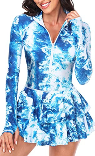 UNIQUEBELLA Rash Guard Swimsuit for Women, Long Sleeve One Piece Swimsuit with UPF 50+ Sports Surf Swimsuit-Blue