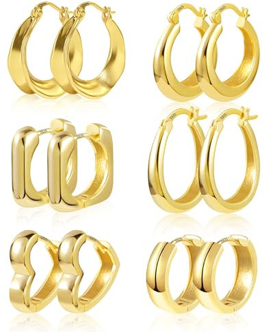 Ohrringe Creolen Klobig Gold Damen, Creolen Kleine Ohrringe Gold Set, 6 Paar Multipack 14K Vergoldet Knorpel Ohrringe Huggie Creolen Oval Klobig Herz Leicht Breit Glitze Creolen Ohrringe Gold Damen