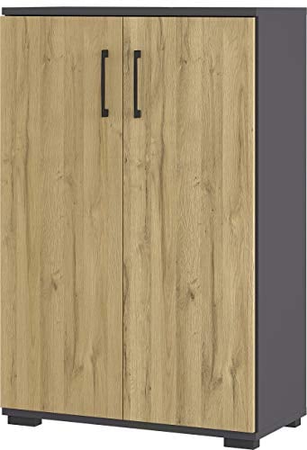 Aktenschrank mit Zwei Türen, DREI Fächer in Ordnerhöhe, Bügelgriffe aus Metall, in Graphit/Eiche, 80 x 123 x 40 cm (BxHxT)