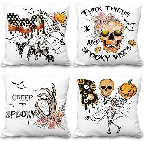 Aoihrraan Halloween Kissenbezug 40x40cm 4er Set Dekorativ, Schleichen Gespenstisch Kürbis Boo Blume Weicher Kurzer Plüsch Quadratischer Kissenhülle Für Wohnzimmer Draussen Garten Sofa Kissen Bezug