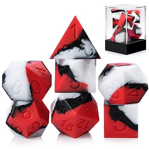 DNDND D&D-Würfel-Set aus Silikon, 7-teilig, mit transparenter Kunststoff-Vitrine für Dungeons and Dragons, Rollenspiele und Tischspiele (rot, schwarz, weiß