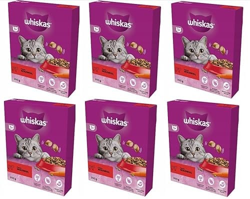 Whiskas Adult 1+ Katzentrockenfutter für Erwachsene Katzen mit Rind 6er Pack (6 x 300 g) im Karton