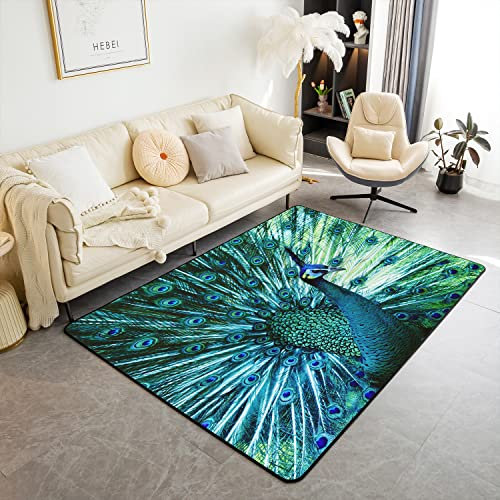Loussiesd Pfau Bereich Teppich 100x150cm Tier Thema Teppiche für Wohnzimmer Schlafzimmer Balkon Küche Terrasse Pfau Federn Design Grün Blau Natürliche Stil Dekorative Teppich