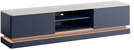 Vente-unique Pascal MORABITO - Meuble TV 2 tiroirs et 2 niches avec LEDs en MDF - Bleu et Effet marbre Blanc - DEVIKA de Pascal MORABITO
