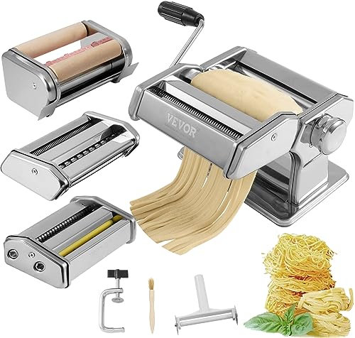 VEVOR Machine à Pâtes Manuelle Acier INOX Machine à Pâtes Fraîches Italiennes 9 Épaisseurs 0,3-3 mm Largeur 1,5/6,6 mm 3/45 mm Manivelle Incluse pour Spaghettis Emballages de Boulettes et de Ravioli