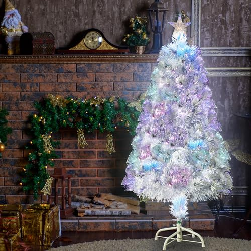 3ft Fibre Optic Christmas Tree with Stars and Stand - Fiber Colorful and Color-Changing Artificial Xmas Trees Home Office Decoration (White)