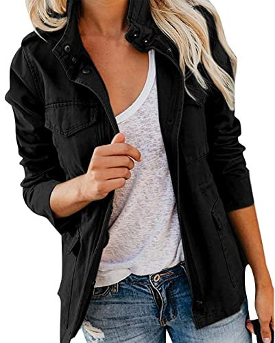 EMUKFD Doudoune militaire décontractée pour femme, légère, style safari, avec fermeture éclair et poches pour le printemps et l'automne, Noir (02-), XXL
