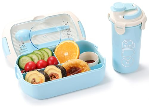 Meider Bento Box Sets, Bento Box for Kids and Adults, Reusable Meal Prep Containers with Fork,Spoon and 450ml Cup (with Cup, Blue)