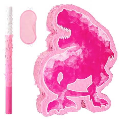 WERNNSAI Dinosaurier Pinata – Aquarell Rosa Dinosaurier Piñata Mädchen Geburtstags Pinata mit Stock Augenbinde Partyspiel Klassenzimmer Aktivitäten Rosa Dinosaurier Partydekorationen 40,9 cm x 31,5 cm