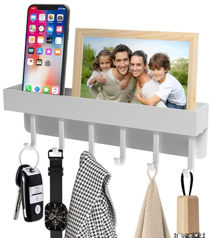 BEIERMU Schlüsselbrett Weiß, Multifunktional Schlüsselbrett mit Ablage / 6 Haken/ 3 Montagemöglichkeiten zur Auswahl, Metall Schlüsselkasten für Schlafzimmer Wohnzimmer Küche