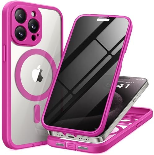 TIESZEN Magnetic for iPhone 15 Pro Max Case, Compatible with MagSafe, Built-in Privacy Screen Protector and Camera Protection, Anti Spy Full Body Dustproof Shockproof Hard Phone Case 6.7, Rose Red
