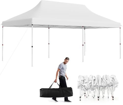 COSTWAY 6x3M Pop-up Gazebo, Height Adjustable Instant Marquee Party Canopy Tent with Carrying Bag, Large Waterproof Commercial Sun Shelter for Outdoor Wedding Camping (White, 296-316cm)