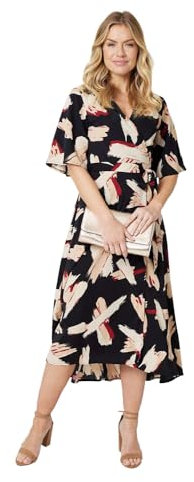 Izabel London Printed 1/2 Sleeve Midi Wrap Dress for Women UK with v-Neck, Angel Sleeves and midi Length Hem. Black