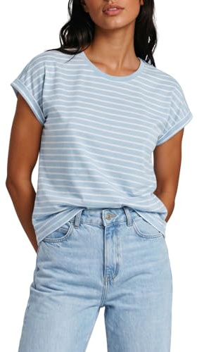 DENIMFY Tshirt Damen Baumwolle Regular Fit DFSophie Rundhals Kurzarm | Oberteile Top Sommer Einfarbig Streifen Grün Blau Navy S M L XL XXL