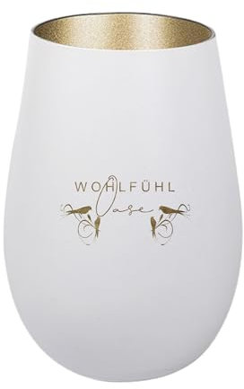 Der-Porzellan-Laden Windlicht mit Gravur Wohlfühloase, Weiß Gold, Teelichthalter aus Glas mit Spruch, Tischdeko modern