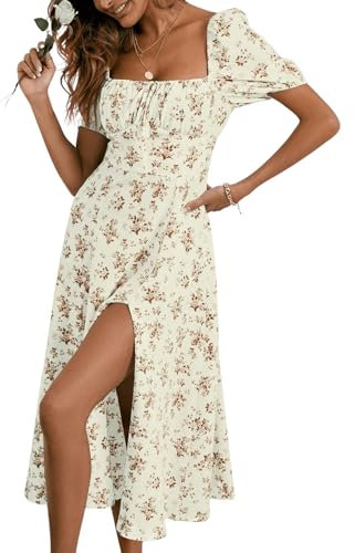 GORGLITTER Women's Floral Midi Dress Ruched Bust Split A Line Dress Boho Square Neck Short Sleeve Summer Swing Dresses Apricot Floral L