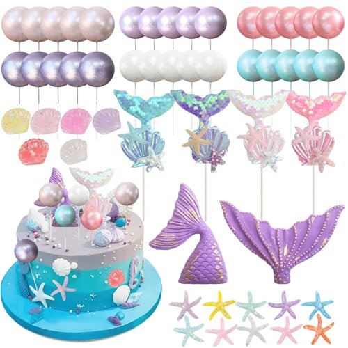 52 Stück Meerjungfrau Tortendeko, Lila Ball Kuchen Dekoration, Glitzer Mermaid Cake Toppers für Mädchen Frauen Geburtstag Party Dekoration zum Ocean Theme Torten Deko Supplies