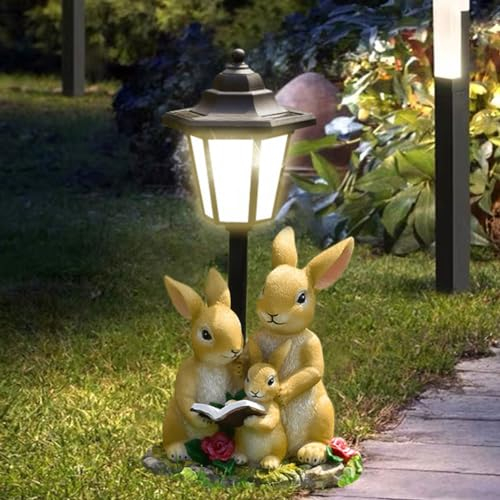 OKESYO Figurine de jardin solaire en forme de lapin pour l'extérieur, statues de jardin avec lanternes solaires, résistant aux intempéries, lampe solaire de jardin, décoration de fête des mères,