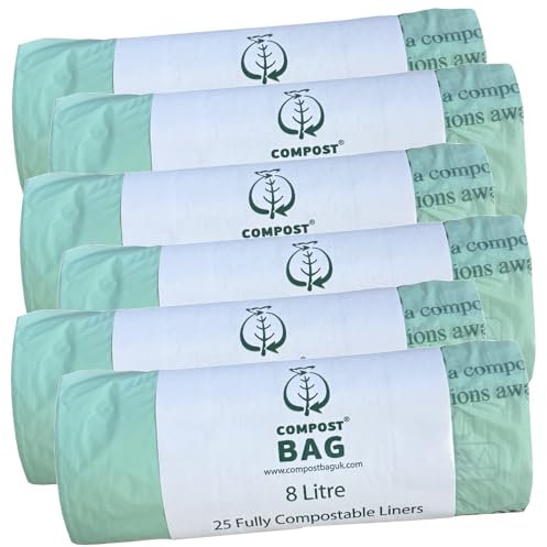 CompostBag 8 Litre (8L) x 150 Bags (6 roll pack) - Compostable and Biodegradable Kitchen Food Waste Bio/Compost Caddy Bin Liners - Certified EN13432