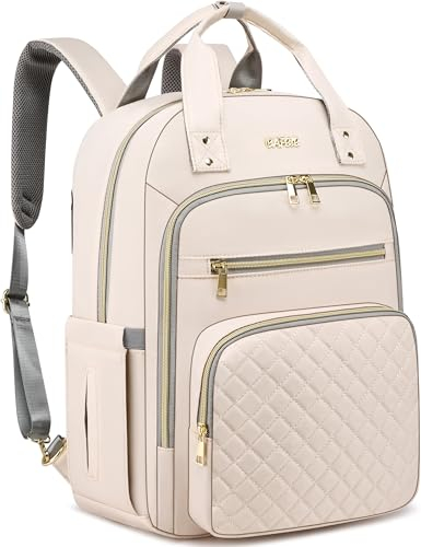 Cafele Laptop Rucksack für Frauen gesteppte Reise Rucksack Geldbörse mit Anti-Diebstahl Beige Computer Rucksack Lehrer Krankenschwester Tasche für Work College,2325H-04
