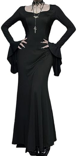 XKBHYD Womens Gothic Maxi Dresses V-Neck Vintage Slim Vampire Dress Dark Grunge Flare Long Sleeve Evening Long Dresses Black