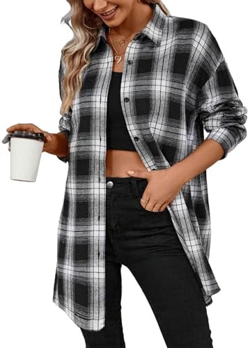 Jhsnjnr Damer flanell rutig skjorta blus knappslå v hals toppar lång skjorta oversize rutig skjorta långärmad skjorta, svart, S