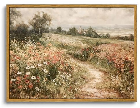 OIQArtOIQ Cuadro de pared con diseño de paisaje de flores silvestres vintage, enmarcado, paisaje natural, pintura al óleo, impresiones en lienzo para decoración de casa de campo, cocina, dormitorio,