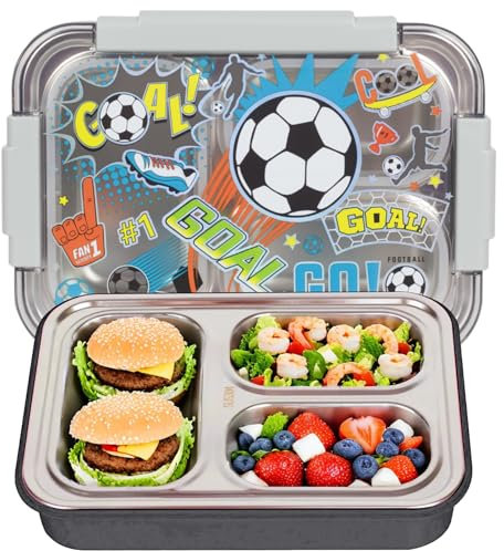PinkSheep Brotdose Edelstahl mit 3 Fächern Lunchbox 710 ml für Kinder Personalisiert, BPA-freie, Auslaufsicher, Bento Box für Picknick Schulschüler Mittagessen Snack-Container (Fußball)