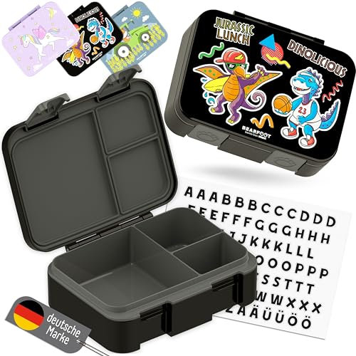BEARFOOT Bento Box COMPACT | BPA-freie Kinder Brotdose für Schule & Kindergarten | Auslaufsichere Lunchbox für Mädchen & Jungen | Praktisch, leicht & kompakt (Dinos-schwarz, 650ml)