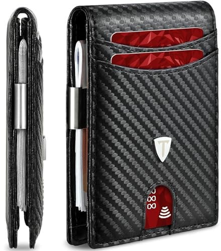 Tomylv Mens Wallets Slim RFID Blocking, Carbon Fiber Leather Wallet with 12 Credit Card Holder, Strong Money Clip & ID Window Minimalist Bi-Fold Wallets for Men UK with Gift Box - Black (Minimalist)