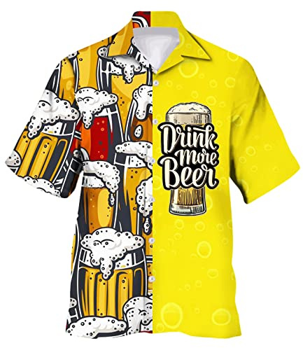 Male Oktoberfest Shirt Short Sleeve Alphabet Wine Bottle Beer Print Button Plus Size Shirt Printed Mens, yellow, 3XL