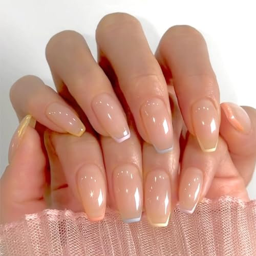 SXVME Colorful French Tip False Nails Medium Coffin, Natural Nude Press on Nails with Rainbow French Tips Designs, Glossy Gel Finish Acrylic Nails Press Ons for Women Daily Wear 24 Pcs