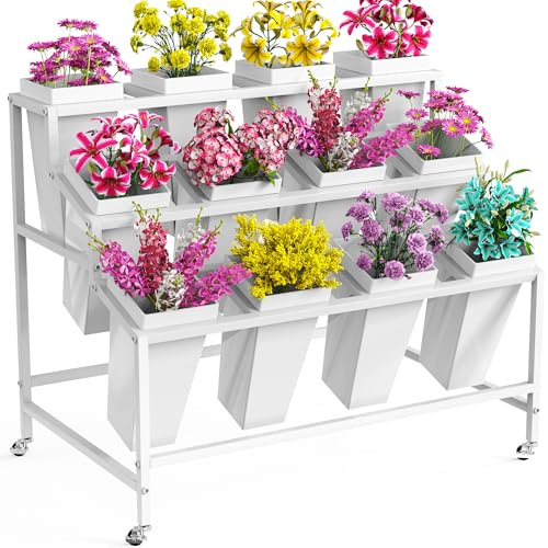 VGMiu Blumenständer mit 12 Eimern, weißer Blumenwagen, 3 Ebenen, Metall-Blumenständer mit Rädern, bewegliches Floristen-Blumenstraußregal für Hochzeiten, Floristen, Innen- und Außenbereich, Terrasse