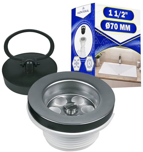 Válvula Desagüe Fregadero Ø 70 mm x 1 1/2 Completo con Tapon Fregadero Cocina de Ø 45,5 mm Adecuado para Bidés y Bañeras - Garantía de 10 Años - MONTERAL
