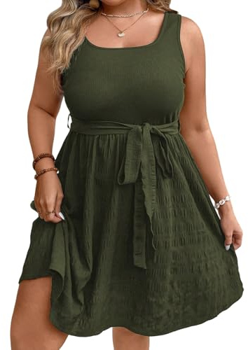 SweatyRocks Damen Curvy Kleid Große Größen Kurze Kleider Ärmelloses Sommerkleid Knielang Trägerkleid A Linie Damenkleider mit Gürtel Plus Size Freizeitkleid Armeegrün 1XL