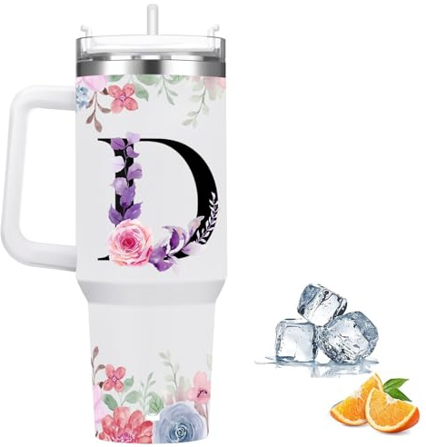 FOLAI Tazza termica con cannuccia e manico, 1180 ml, tazza da caffè con coperchio, a doppia parete, in acciaio inox, per bevande calde/fredde, motivo floreale, regalo per uomo e donna (D)