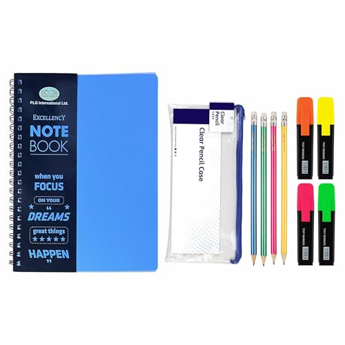 Back to School Stationery Set – A4 Twin-Wire Notebooks with Premium Blue Poly Covers, Neon Colour Highlighters, HB Pencils & Pencil Case – Perfect for Study, Assignments, Projects & Daily Use
